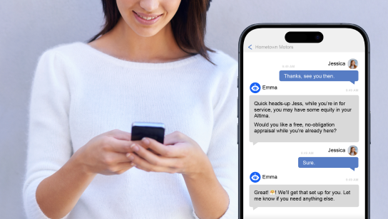 Woman using phone with AI chat interface, linking to AI page.