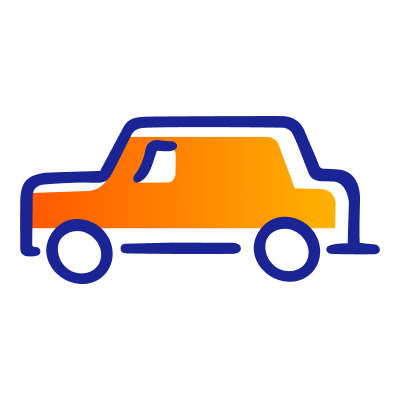 Stylized orange and blue car icon.