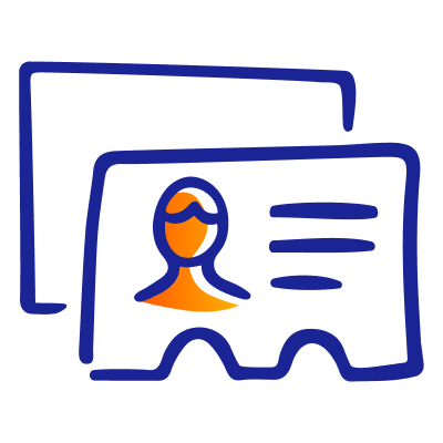 ID badge icon with a stylized person silhouette and horizontal identification lines.