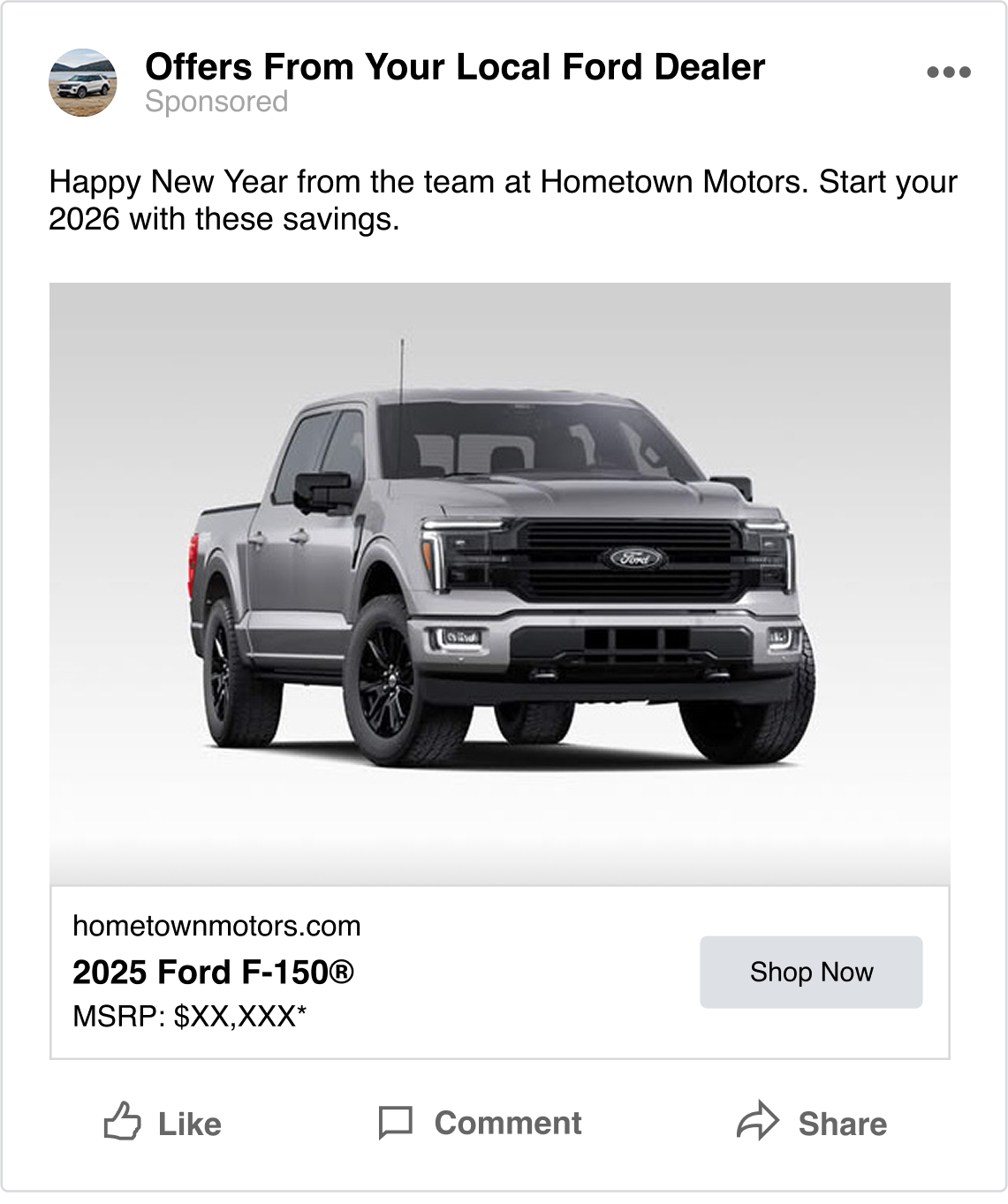 Dynamic automotive inventory ad featuring a 2025 Ford F-150 with pricing and dealership details.
